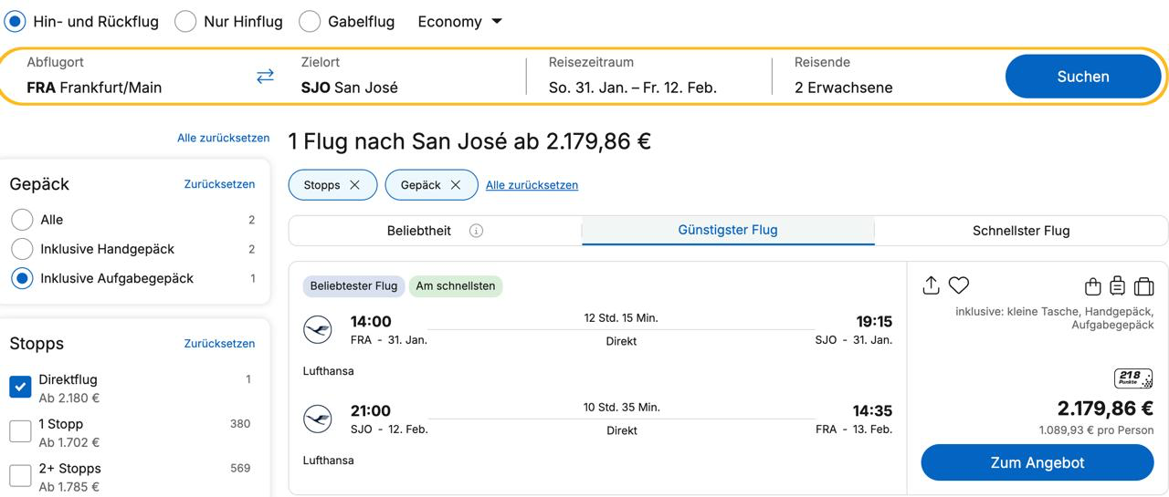 Originaler Flugsuch-Screenshot für Frankfurt nach San José mit Direktflug und Aufgabegepäck