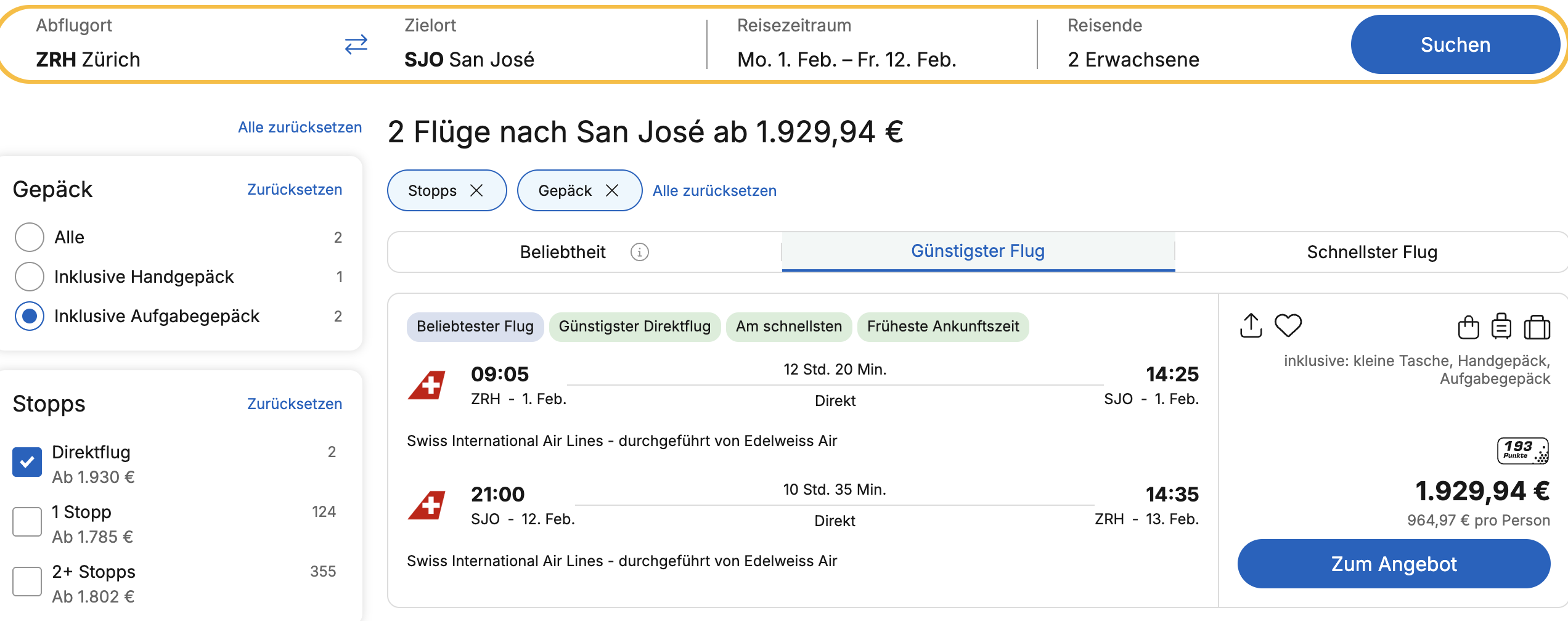 Originaler Flugsuch-Screenshot für Zürich nach San José mit Direktflug und Aufgabegepäck