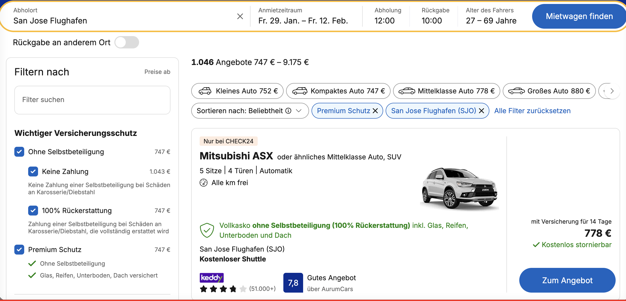 Check24-Screenshot für einen Mietwagen ab San Jose Flughafen vom 29. Januar bis 12. Februar 2027